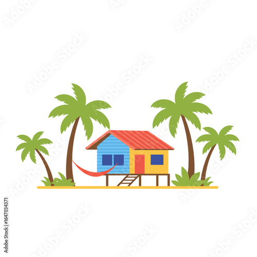 Tropical Beach Bungalow with Palm Trees and Hammock