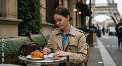 Young woman writing in a notebook at an outdoor cafe with the Eiffel Tower in the background
