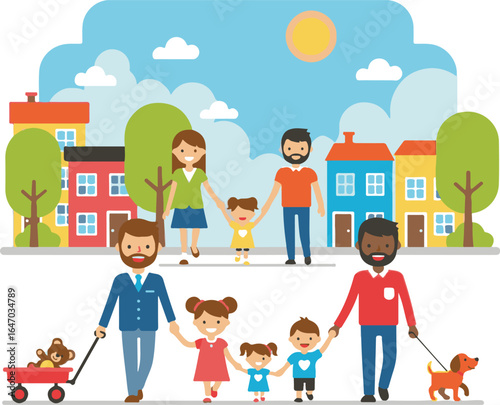 Illustration of diverse families walking together in a colorful neighborhood with houses, trees, clouds, and a bright sun in the sky.