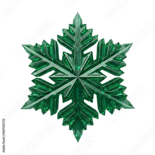 A geometric snowflake design carved from a green emerald gemstone, isolated on a transparent background.