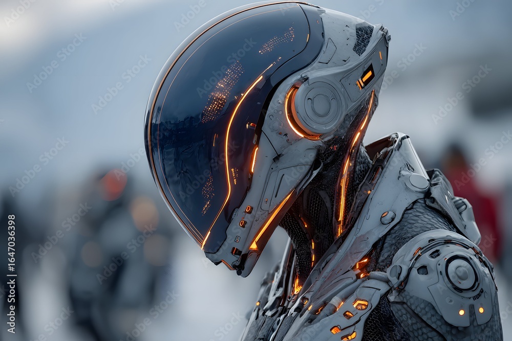 Fototapeta premium crewmate in futuristic attire with sleek humanoid form and glowing advanced tech gear.