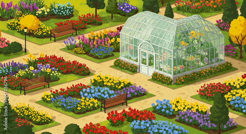 Vibrant Greenhouse and Flower Garden Landscape
