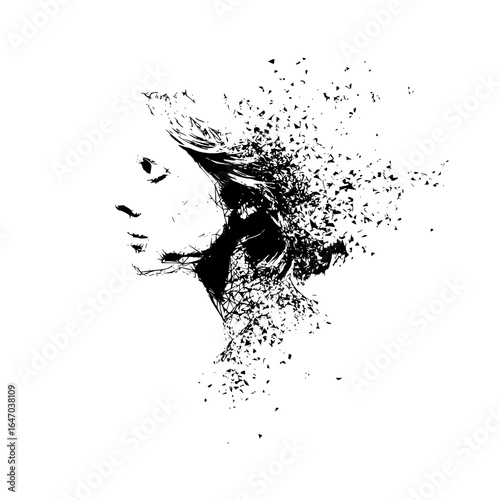 Abstract black and white portrait of a woman with disintegrating effect and scattered fragments art