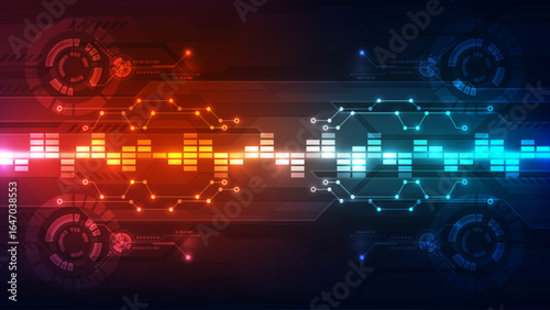 Futuristic Digital Sound Equalizer with Circuit Board HUD – Red and Blue Neon Technology Background