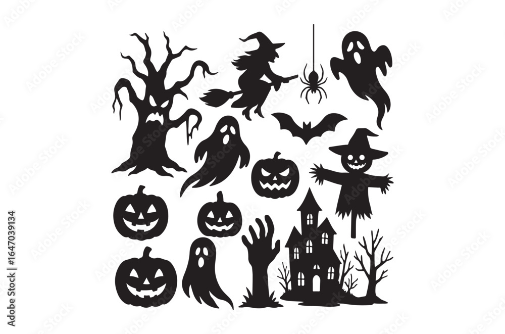 Obraz premium Set of Halloween ghost vector illustration, spooky silhouettes, halloween icon, zombie, ghost Art & Illustration, pumpkins and skeleton hands, witch hat svg, Halloween Vector Elements Silhouette