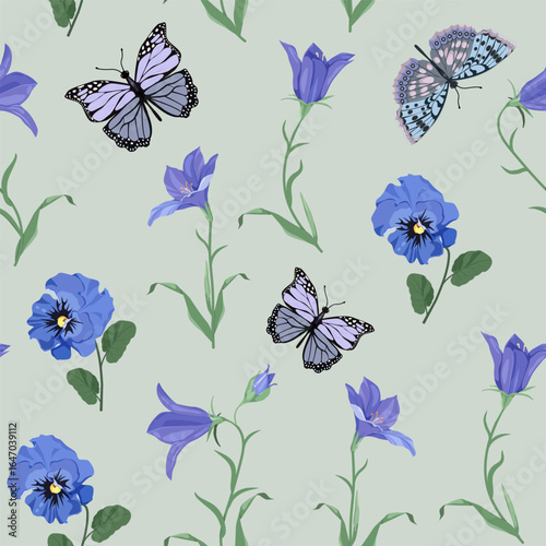 Seamless vector illustration featuring field bells, pansies and butterflies, ideal for decorating textiles, packaging, and wallpaper.