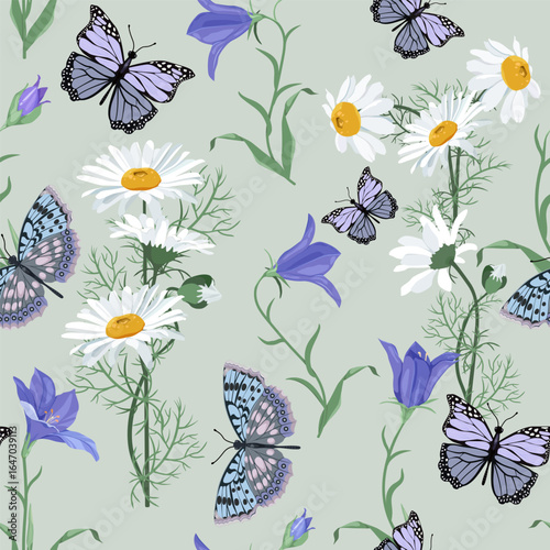 Seamless vector illustration featuring field bells, chamomile and butterflies, ideal for decorating textiles, packaging, and wallpaper.