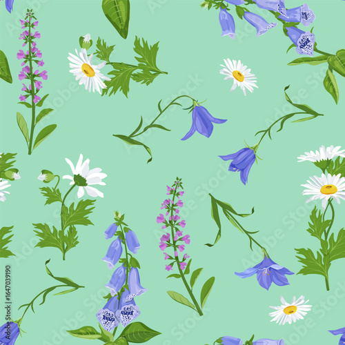 Seamless vector illustration featuring wild bell flowers, chamomile and digitalis against a turquoise backdrop. Ideal for textile decoration and packaging.
