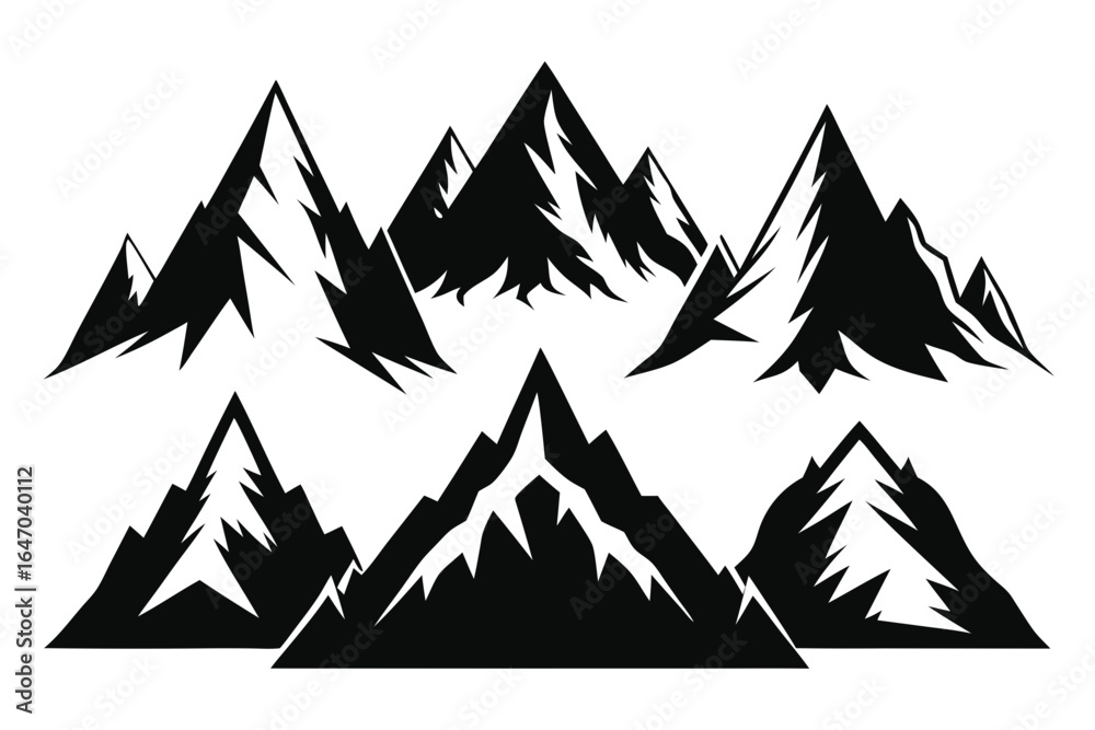 Obraz premium Collection of stylized black mountain silhouettes on a dark background