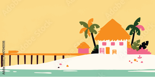 An idyllic tropical paradise scene, featuring a charming beachfront house, palm trees swaying in the breeze, and a serene ocean view, evokes a sense of tranquility and escapism.
