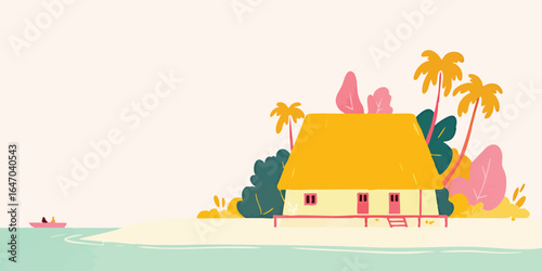A vibrant illustration of a tropical beach scene with a charming thatched-roof cottage, palm trees swaying in the gentle breeze, and a kayak gliding on the calm turquoise sea.