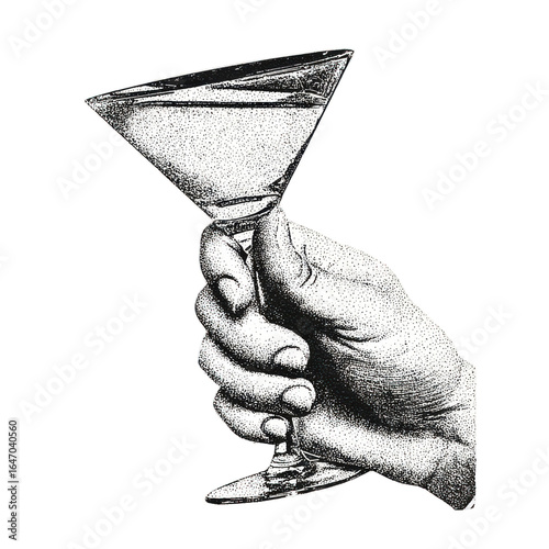 Hand Holding Martini Glass In Vintage Engraving. Cocktail Illustration Isolated On Transparent Background
