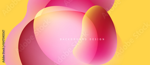 Abstract fluid shapes overlap, creating vibrant color gradients. Yellow background complements pinks, oranges, reds. Modern design element.