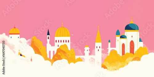 A whimsical cityscape, adorned with stylized architectural structures, floats serenely amidst a sea of fluffy clouds, bathed in soft light and offering a dreamlike escape.