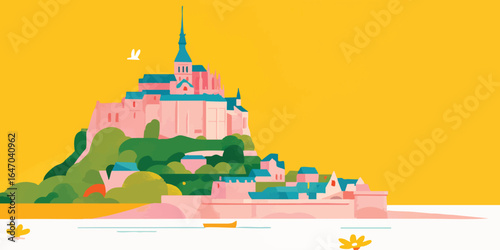 An architectural marvel nestled amidst a colorful landscape, showcasing the timeless beauty. A stylized castle stands proudly atop a verdant hill.