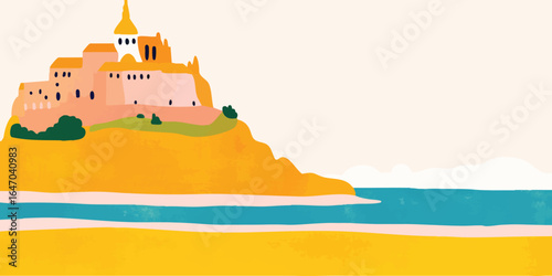 A majestic castle silhouette stands prominently atop a sun-kissed hill, bordered by the serene blue ocean. This illustration is a testament to architectural beauty and historical significance.