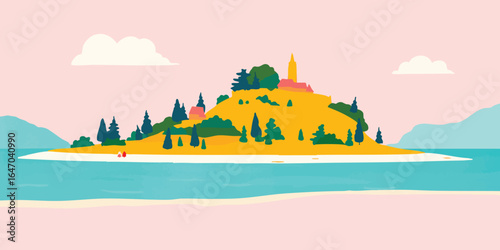 An idyllic island, with colorful buildings nestled atop a lush green hill, surrounded by a serene sea. A whimsical illustration of a tranquil paradise, inviting you to escape and dream.
