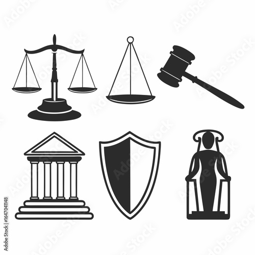 Illustration of justice symbols including scales, gavel, building, and shield isolated on white background