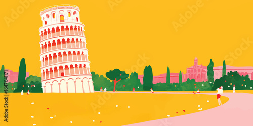 An artistic representation of the Leaning Tower of Pisa standing tall amidst a sunny landscape. The iconic structure, known for its distinctive tilt.