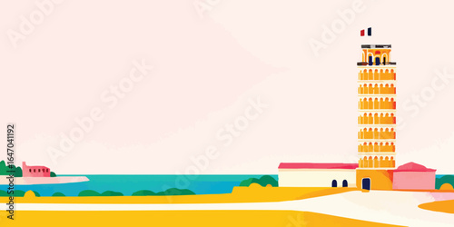 An artistic rendering of the iconic Leaning Tower of Pisa, symbolizing architectural wonder. Simple and vibrant vector illustration.