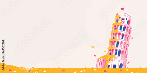 An artistic illustration of the Leaning Tower of Pisa. A captivating artwork depicts a famous architectural masterpiece against a pastel background.