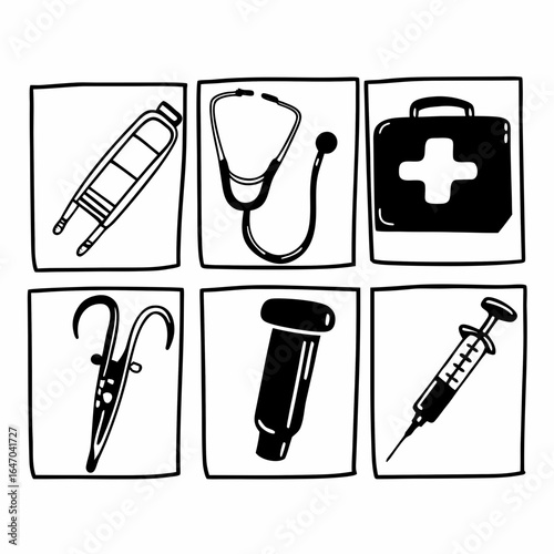 Illustration of various medical instruments and tools in frames isolated on white background