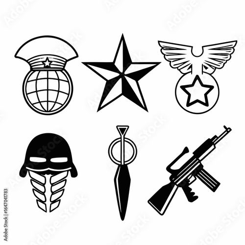 Military and army badges set with star, eagle, helmet, knife, rifle isolated on white background