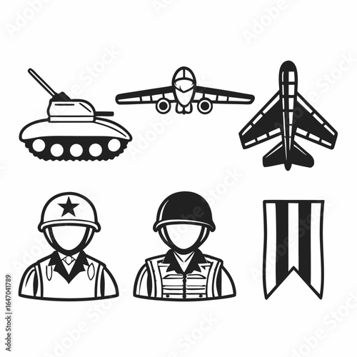 Military and army icons set with tank, airplane, fighter, soldier, flag isolated on white background