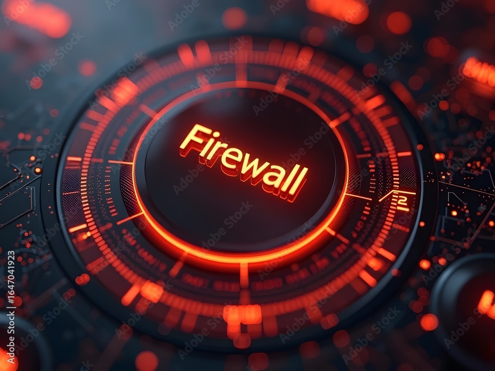 Intricate glowing red digital design with a central button displaying the word Firewall, perfect for technology and security concepts, horizontal composition. Intricate glowing red digital design with a central button displaying the word Firewall, perfect for technology and security concepts, horizontal composition.