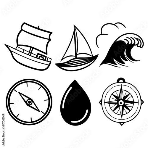 Marine and nautical elements isolated on white background for design and decoration
