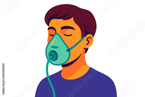 Man wearing oxygen mask with closed eyes in a medical setting person using oxygen mask