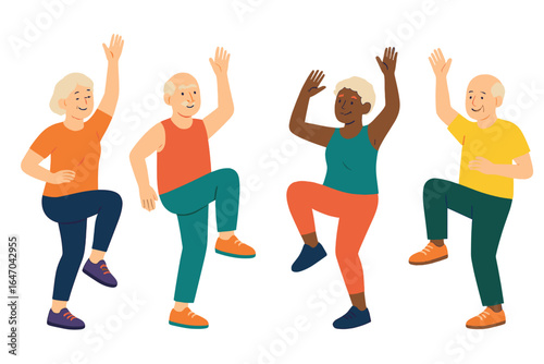Diverse group of elderly people dancing together and having fun older adults doing aerobics