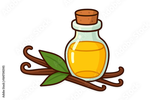 Cartoon illustration of vanilla oil bottle with leaves and sticks vanilla sticks and oil bottle