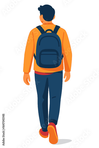 Young man walking with backpack in casual outfit outdoors man walking away on street