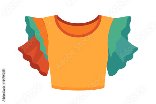 Colorful cropped shirt with ruffled sleeves in orange and green ruffle blouse sleeves