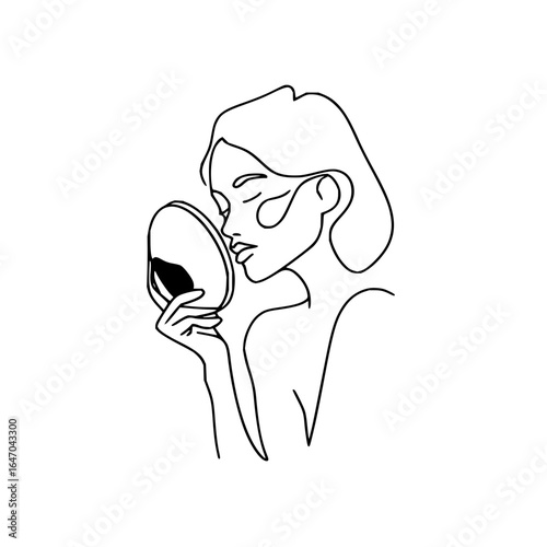 Line art of a woman holding a mirror to her face in a minimalist style with a white background design