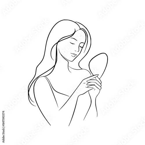 Elegant woman with long hair gazing into a handheld mirror in a simple line drawing style illustration