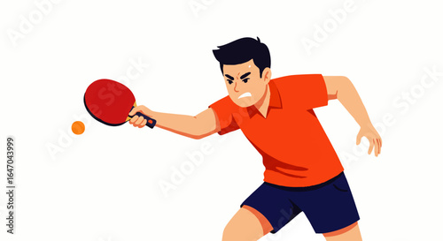 Determined male table tennis player in an orange shirt and blue shorts hitting the ball with a red paddle.