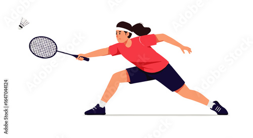Dynamic badminton player in red shirt lunging forward ready to hit shuttlecock with racket.