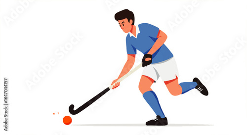 Dynamic cartoon field hockey player in a blue uniform running and dribbling the ball.