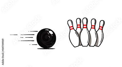Dynamic Black Bowling Ball in Motion Towards White Pins with Red Stripes.