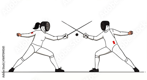 Dynamic illustration of two fencers in a duel wearing protective masks and white uniforms with crossed swords.