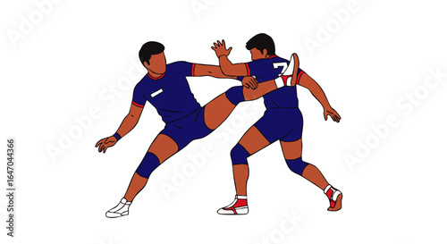 Dynamic illustration of two male Kabaddi players in blue uniforms during a competitive match.