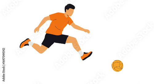 Faceless male soccer player in an orange shirt and black shorts running to kick a yellow ball.