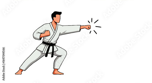 Faceless cartoon martial artist in a white gi and black belt executing a powerful straight punch in a low stance.