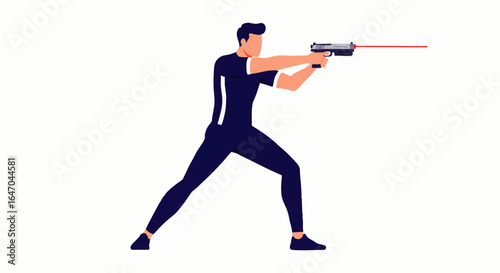 Faceless man in a dark blue uniform aiming a handgun with a red laser sight standing in a wide tactical stance.