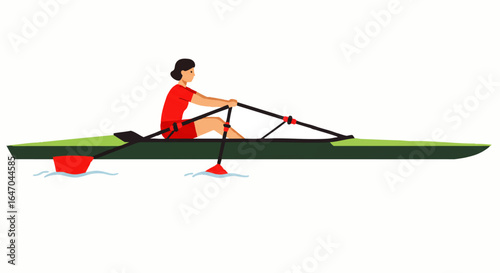 Female athlete in a red uniform rowing a green single scull racing boat.