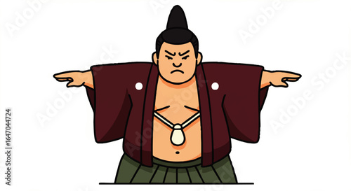 Fierce sumo wrestler cartoon with topknot hairstyle and outstretched arms wearing a maroon robe.