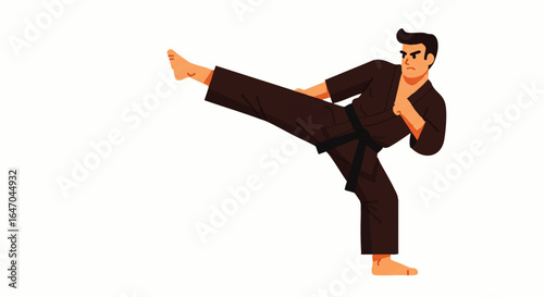 Focused male karateka in a brown uniform and black belt performing a high side kick.