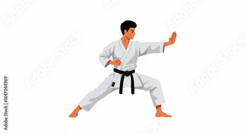 Focused male karateka in a white gi and black belt performing a defensive kata stance.